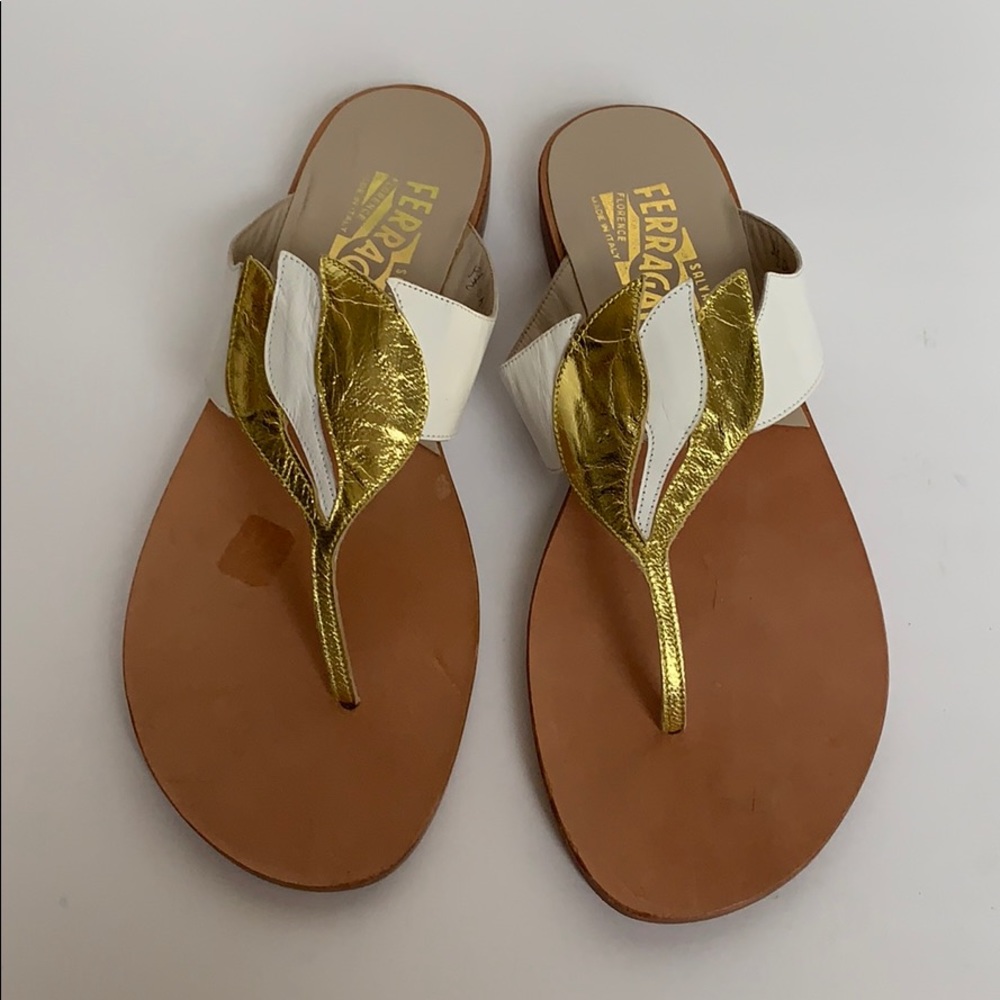 SALVATORE FERRAGAMO White & Gold Sandals